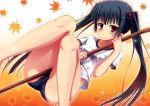  1girl ass between_legs black_hair brown_eyes buruma gym_uniform highres leaf legs noble_works solo twintails yuzu_modoki 