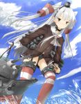  1girl amatsukaze_(kantai_collection) black_panties blush choker garter_straps gloves hair_tubes highres inu_(mezonsidepark) kantai_collection long_hair machinery panties rensouhou-kun sailor_collar see-through silver_hair single_glove solo thigh-highs twintails two_side_up underwear water white_gloves yellow_eyes 