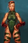  1girl ahoge beret blonde_hair blue_eyes bodypaint braid cammy_white camouflage cowboy_shot fingerless_gloves gg_(s2leona) gloves hands_on_hips hat huge_ahoge leotard long_hair nose scar small_breasts solo standing street_fighter twin_braids 