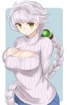  1girl alternate_costume arms_behind_back braid breasts cleavage_cutout colored_eyelashes flat_gaze hand_on_own_chest highres kantai_collection large_breasts long_hair looking_at_viewer okitsugu open-chest_sweater ribbed_sweater silver_hair single_braid sweater turtleneck unryuu_(kantai_collection) very_long_hair yellow_eyes 