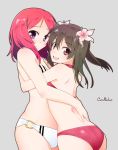  2girls 3: bikini black_hair cutie_panther flower grey_background hair_flower hair_ornament hug looking_at_viewer love_live!_school_idol_project multiple_girls nishikino_maki red_bikini red_eyes redhead shing_(sorairo_factory) simple_background song_name swimsuit violet_eyes white_bikini white_swimsuit yazawa_nico 