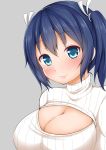  1girl blue_eyes blue_hair breasts cleavage cleavage_cutout hair_ribbon kantai_collection mocousa open-chest_sweater ribbed_sweater ribbon short_hair smile solo souryuu_(kantai_collection) sweater turtleneck twintails 