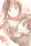  120702misuzu 1boy 1girl black_hair hair_ornament hairclip highres kagerou_project kisaragi_shintarou long_hair scarf school_uniform serafuku short_hair tateyama_ayano traditional_media watercolor_(medium) 