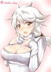  1girl alternate_costume blush braid breasts cleavage_cutout embarrassed hand_on_own_chest izumi_akane kantai_collection large_breasts looking_at_viewer nose_blush open-chest_sweater open_mouth ribbed_sweater silver_hair single_braid solo sweater turtleneck twitter_username unryuu_(kantai_collection) wavy_hair yellow_eyes 