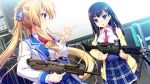  2girls assault_rifle black_hair blonde_hair blue_eyes game_cg gun harvest_overray l85 long_hair m240 machine_gun multiple_girls rifle school_uniform twintails weapon 