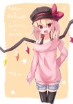  1girl :d alternate_costume black_legwear blonde_hair cabbie_hat casual collarbone contemporary flandre_scarlet hat long_hair looking_at_viewer off-shoulder_sweater off_shoulder ominaeshi_(takenoko) open_mouth red_eyes shorts side_ponytail sketch smile solo sweater thigh-highs touhou traits translated wings zettai_ryouiki 