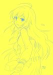  1girl from_behind hoshii_miki idolmaster long_hair misaki_juri monochrome school_uniform serafuku yellow 