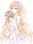  1girl asuna_(sao) bouquet bridal_veil brown_eyes brown_hair dress flower long_hair misuzu_(iridescence) sword_art_online veil very_long_hair wedding_dress 