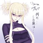  1girl aoki_hagane_no_arpeggio bangs blonde_hair breasts cleavage cleavage_cutout crossed_arms dated gradient gradient_background h-new kongou_(aoki_hagane_no_arpeggio) long_hair open-chest_sweater pale_skin red_eyes ribbed_sweater shaded_face solo sweater translation_request turtleneck twintails white_background 