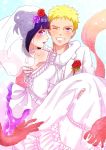  1boy 1girl bare_shoulders blonde_hair blush bridal_veil bride carrying couple dress elbow_gloves gloves grin hetero highres hyuuga_hinata long_hair looking_at_viewer naruto princess_carry profile scarf short_hair smile syuna uzumaki_naruto veil wedding_dress 