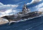  akasaai battleship blue_sky clouds cloudy_sky flight_deck kantai_collection no_humans ocean radar re-class_battleship shinkaisei-kan sky smoke smokestack turret warship 