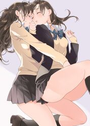  2girls ^_^ black_legwear blazer brown_hair closed_eyes hair_ornament hairclip kiss long_hair morikura_en multiple_girls no_panties original pleated_skirt school_uniform skirt thighs yuri 