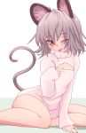  1girl animal_ears arm_support cleavage_cutout grey_hair highres ishikkoro looking_at_viewer mouse_ears mouse_tail naughty_face nazrin one_eye_closed open-chest_sweater red_eyes short_hair sitting smile solo sweater tail tongue tongue_out touhou wariza 