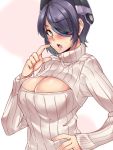 1girl blush breasts bust cleavage_cutout embarrassed eyepatch finger_to_face from_side hand_on_hip highres kantai_collection long_sleeves looking_at_viewer open-chest_sweater purple_hair ribbed_sweater simple_background solo sweater telescopic tenryuu_(kantai_collection) turtleneck yellow_eyes 