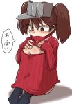  1girl black_legwear blush breast_conscious breast_press brown_hair cleavage_cutout flat_chest kantai_collection leg_hug onee-chan_no_te_wo_totte open-chest_sweater parody red_eyes ribbed_sweater ryuujou_(kantai_collection) socks solo suzurino sweater turtleneck twintails visor_cap 