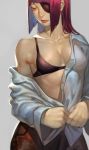  1girl alternate_costume black_bra black_hair bra casual collarbone denim eyepatch gg_(s2leona) han_juri jeans lips long_hair nose off_shoulder open_clothes open_shirt pants sad shirt small_breasts solo street_fighter underwear undressing 