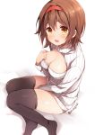  1girl alternate_costume black_legwear blush breasts brown_eyes brown_hair chiyingzai cleavage cleavage_cutout hairband highres kantai_collection large_breasts looking_at_viewer open-chest_sweater open_mouth ribbed_sweater shiratsuyu_(kantai_collection) short_hair solo sweater thigh-highs turtleneck white_background 