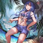  1girl alternate_costume beach blue_hair blush dated denim denim_shorts dutch_angle hand_on_hip hat highres hinanawi_tenshi long_hair looking_at_viewer myero one_eye_closed palm_tree red_eyes short_shorts short_sleeves shorts signature sketch smile solo touhou tree 