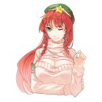  1girl alternate_costume braid breasts bust cleavage cleavage_cutout green_eyes hat hong_meiling large_breasts long_hair long_sleeves one_eye_closed open-chest_sweater redhead ribbed_sweater solo star sweater tansuan_zhanshi touhou twin_braids very_long_hair 