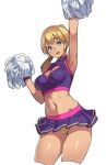  1girl arm_up armpits blonde_hair blue_eyes breasts cheerleader cleavage_cutout heart_cutout houtengeki midriff navel open_mouth original pom_poms ponytail short_hair simple_background solo white_background 