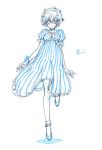  1girl artist_request ayanami_rei ballet_slippers bangle bracelet character_name closed_eyes dress frilled_dress frills hair_ornament jewelry neon_genesis_evangelion puffy_short_sleeves puffy_sleeves short_hair short_sleeves solo standing_on_one_leg striped striped_dress tiptoes white_background 