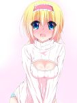  1girl alice_margatroid asn_s blonde_hair blue_eyes blue_panties blush breasts cleavage cleavage_cutout hairband highres open-chest_sweater panties ribbed_sweater solo sweater tears touhou underwear 