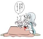  airplane cape comic cushion dress eating holding horns kantai_collection kotatsu long_hair mittens monochrome northern_ocean_hime pocky pocky_kiss roshiakouji-chan school_uniform serafuku shared_food shinkaisei-kan silver_hair ta-class_battleship table translation_request white_dress white_hair white_skin yellow_eyes 