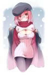  1girl beret bespectacled blush breasts cleavage cleavage_cutout coat glasses hat highres kami_nomi_zo_shiru_sekai large_breasts nakagawa_kanon open-chest_sweater open_clothes open_coat pantyhose pink_eyes pink_hair pyon-kichi ribbed_sweater short_hair solo sweater sweater_dress turtleneck 