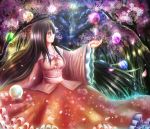  1girl black_hair breasts collarbone floral_print forest frilled_skirt frills glowing hime_cut houraisan_kaguya japanese_clothes kimono long_hair long_skirt looking_to_the_side nature night night_sky rainbow_order raised_hand red_eyes satoji_(ochanomkmskry) skirt sky smile solo star_(sky) touhou tree 