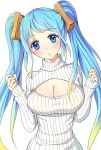  1girl amiemie blonde_hair blue_eyes blue_hair blush breasts cleavage cleavage_cutout gradient_hair highres large_breasts league_of_legends long_hair looking_at_viewer multicolored_hair open-chest_sweater ribbed_sweater simple_background solo sona_buvelle sweater turtleneck twintails white_background 