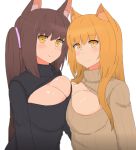  2girls animal_ears blonde_hair blush breast_press breasts brown_hair cleavage_cutout long_hair looking_at_viewer multiple_girls nao_(ritsancrossover) open-chest_sweater original ponytail ribbed_sweater simple_background smile sweater white_background yellow_eyes 