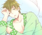  1boy blush brown_hair drooling free! funikurikurara green_eyes male one_eye_closed open_mouth pajamas pillow saliva short_hair sleepy solo tachibana_makoto waking_up 