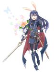  1girl absurdres animal_ears blue_eyes blue_hair boots butterfly cape fire_emblem fire_emblem:_kakusei flower highres long_hair lucina menoko open_mouth rabbit_ears smile solo super_smash_bros. sword tiara weapon 