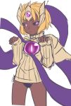  1girl :&lt; black_sclera blonde_hair cleavage_cutout dark_skin genderswap league_of_legends nam_(valckiry) open-chest_sweater personification ribbed_sweater short_hair solo sweater tentacles vel&#039;koz violet_eyes 
