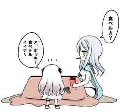  airplane cape comic cushion dress eating holding horns kantai_collection kotatsu long_hair mittens monochrome northern_ocean_hime pocky roshiakouji-chan school_uniform serafuku shinkaisei-kan silver_hair ta-class_battleship table translation_request white_dress white_hair white_skin yellow_eyes 