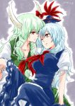  2girls blue_dress blue_hair carrying dated dress dual_persona ex-keine green_dress green_hair hat horn_ribbon horns kamishirasawa_keine long_hair multiple_girls neckerchief one_eye_closed princess_carry red_eyes ribbon touhou unya 