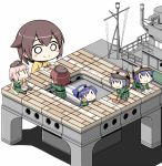  6+girls blush broom brown_hair chibi fairy_(kantai_collection) food goggles goggles_on_head hat helmet hiryuu_(kantai_collection) kantai_collection multiple_girls noodles o_o pink_hair shishigami_(sunagimo) simple_background sitting smile table white_background 