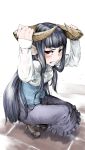  &gt;:( 1girl angry animal_ears black_hair blouse blush boots bow clenched_teeth full_body high_heel_boots high_heels highres hime_cut horn_grab horns jaco long_hair long_skirt looking_at_viewer original red_eyes skirt small_breasts solo_focus squatting tears very_long_hair 