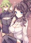  1boy 1girl blue_eyes breasts brown_hair cleavage cleavage_cutout dated green_eyes green_hair jewelry kabocha_torute n_(pokemon) necklace open-chest_sweater pokemon pokemon_(game) pokemon_bw ponytail ribbed_sweater skirt sweater thigh-highs touko_(pokemon) turtleneck twitter_username 