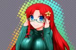  &gt;:) 1girl bespectacled blue_eyes bow braid glasses hair_ornament hairclip hiiragi_(satsuki48) hong_meiling large_breasts long_hair redhead ribbed_sweater ribbon smile solo star star_hair_ornament sweater touhou twin_braids 