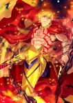  1boy aora armor blonde_hair cape chain ea_(fate/stay_night) fate/hollow_ataraxia fate_(series) gilgamesh motion_blur red_eyes shirtless solo sparks tattoo weapon 