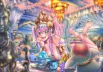  1girl :d anklet banana bare_shoulders barefoot breasts bubblie_(p&amp;d) cherry cleavage crown elephant feet food fruit grapes green_eyes jewelry lakshmi_(p&amp;d) lying open_mouth purple_hair puzzle_&amp;_dragons ring sho_(shoichi-kokubun) smile soles 