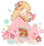  1girl blonde_hair charlotte_(madoka_magica) drill_hair flower hair_ornament japanese_clothes kimono mahou_shoujo_madoka_magica smile tomoe_mami twin_drills twintails yellow_eyes yooroongoo 