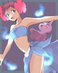  1girl bare_shoulders blue_eyes blue_fire brown_hair dark_skin elite_four fire flower fuyou_(pokemon) hair_flower hair_ornament la_(luxxxxx) midriff navel open_mouth outstretched_arms pokemon pokemon_(creature) pokemon_(game) pokemon_oras pokemon_rse sarong short_hair shuppet tubetop 