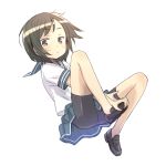  1girl bike_shorts blush brown_eyes brown_hair character_request kuinji_51go looking_at_viewer no_socks school_uniform serafuku short_hair skirt solo white_background 