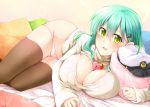  1girl alternate_costume aqua_hair blush breasts brown_legwear cleavage cleavage_cutout green_eyes hair_ornament hairclip hat hat_removed headwear_removed heart heart-shaped_lock heart_necklace kantai_collection large_breasts lock long_hair looking_at_viewer lying on_side open-chest_sweater panties panty_pull pillow pink_panties ray83222 ribbed_sweater sleeves_past_wrists solo suzuya_(kantai_collection) sweater thigh-highs thigh_gap turtleneck underwear 