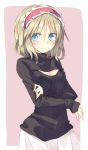  1girl alice_margatroid alternate_costume blonde_hair blue_eyes blush breasts cleavage cleavage_cutout hairband looking_at_viewer open-chest_sweater ribbed_sweater satou_kibi short_hair simple_background solo sweater touhou turtleneck 