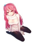  1girl black_legwear blush breasts cleavage cleavage_cutout large_breasts looking_at_viewer open-chest_sweater open_mouth original pantyhose pink_eyes pink_hair ririko_(zhuoyandesailaer) side_ponytail simple_background solo sweater white_background 