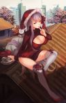 1girl bb_(fate/extra_ccc) breasts christmas cleavage cleavage_cutout doomfest fate/extra fate/extra_ccc fate_(series) highres large_breasts long_hair looking_at_viewer open-chest_sweater purple_hair ribbed_sweater sitting solo sweater thigh-highs very_long_hair violet_eyes white_legwear 