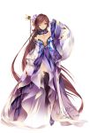  1girl absurdly_long_hair breasts brown_hair dated detached_collar dress long_hair one_eye_closed sangokushi_ranbu signature solo very_long_hair vilor violet_eyes white_background 
